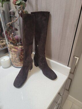 Prada Leather Suede Knee High Heeled Boots Size 40 Brown